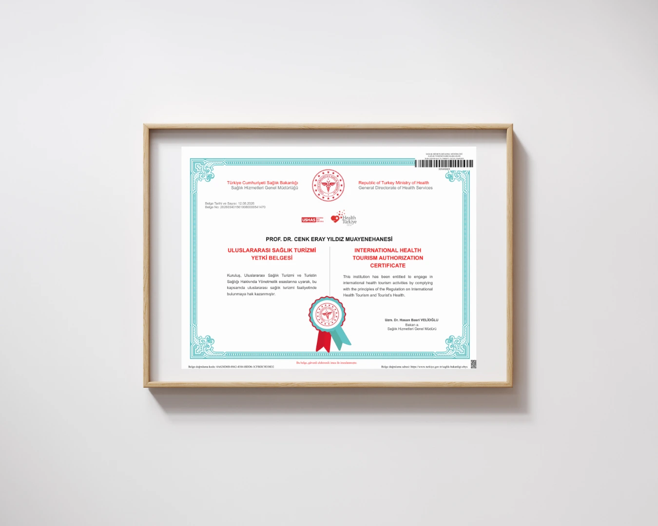 International Health Tourism Authorization Certificate of the private practice of Prof. Dr. Cenk Eray Yıldız
